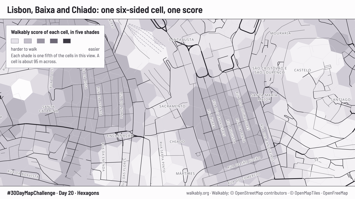 Map of central Lisbon, around Baixa and Chiado, covered in hexagon cells in five shades of grey; darker cells are easier to walk. The straight grid of streets in Baixa sits in medium-dark cells; the hillsides to the east are paler.