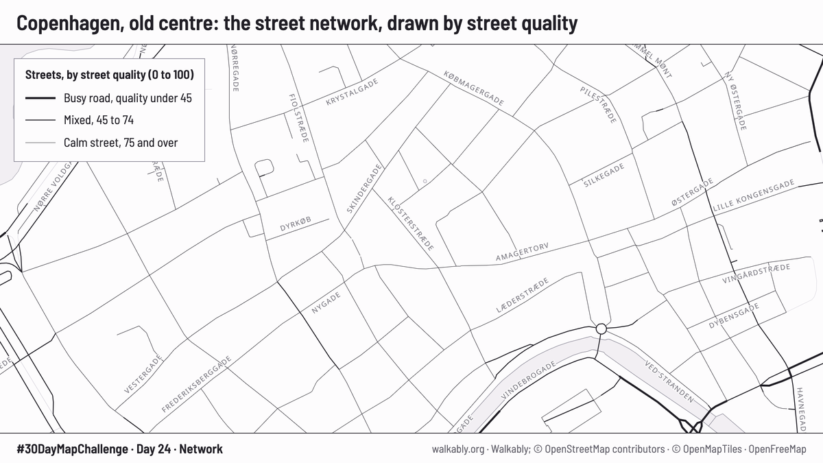 Street map of Copenhagen's old centre. Each street is a black line; thick lines are busy roads, thin lines are calmer streets. A few busy roads cut across a dense net of thin lines.