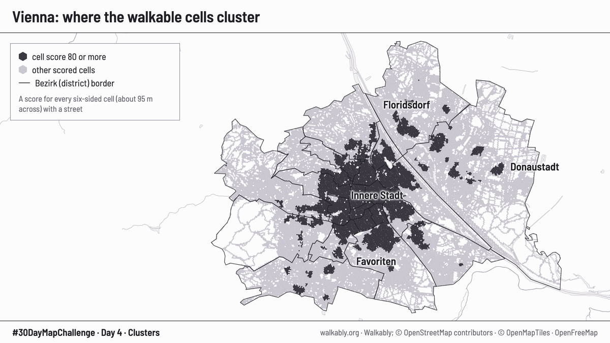 Map of Vienna's scored cells in light grey, with the cells scoring 80 or more in dark grey. The dark cells form one big cluster in the centre and smaller ones in Favoriten, Floridsdorf and Donaustadt. Thin lines show the 23 district borders.