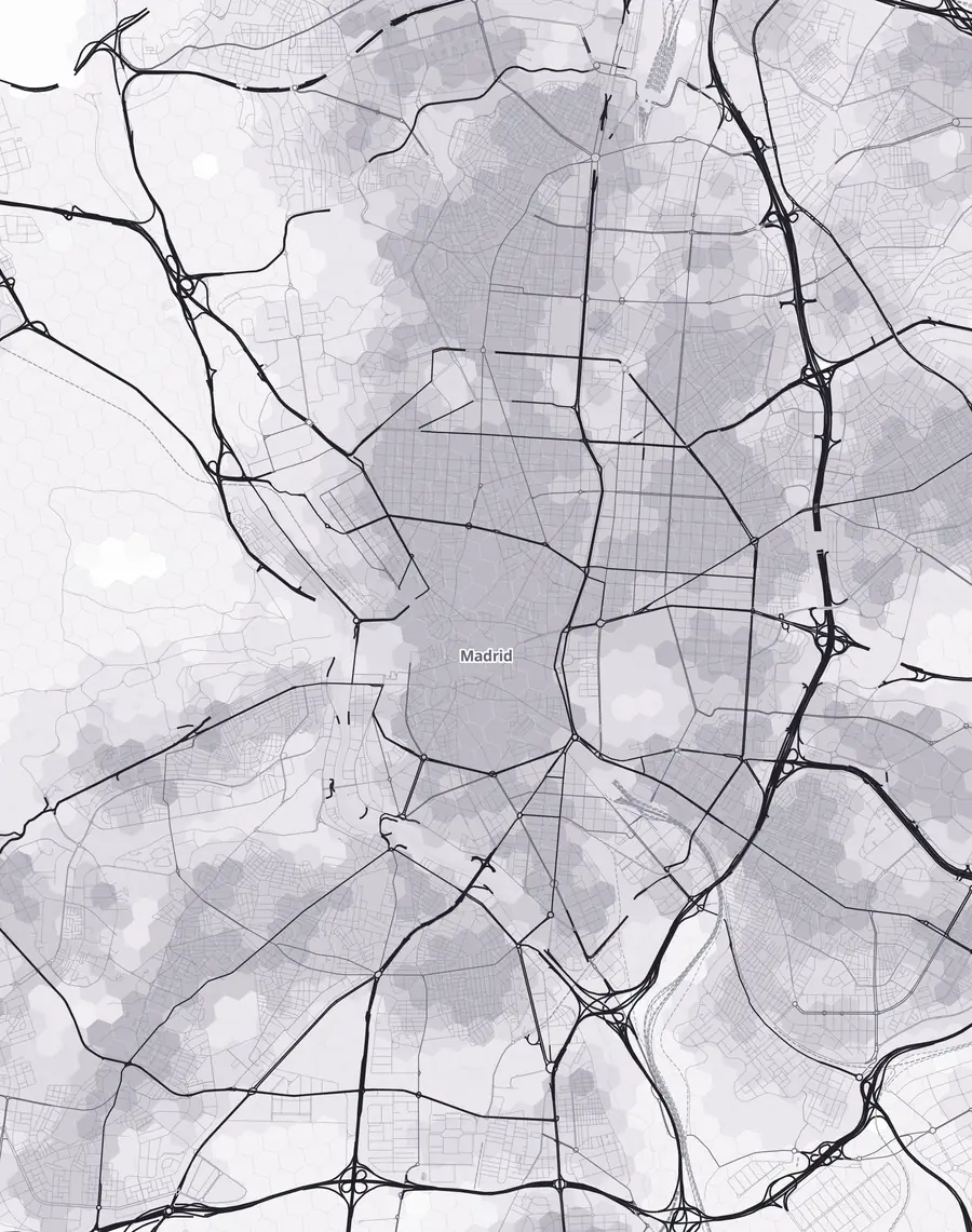 The screenshot shows the live map of Madrid shaded by walkability.