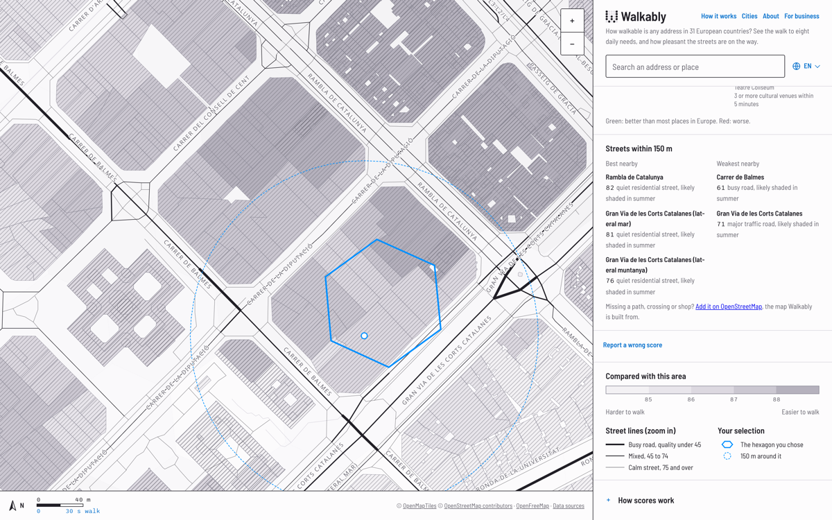Street quality in central Barcelona, drawn on OpenStreetMap streets